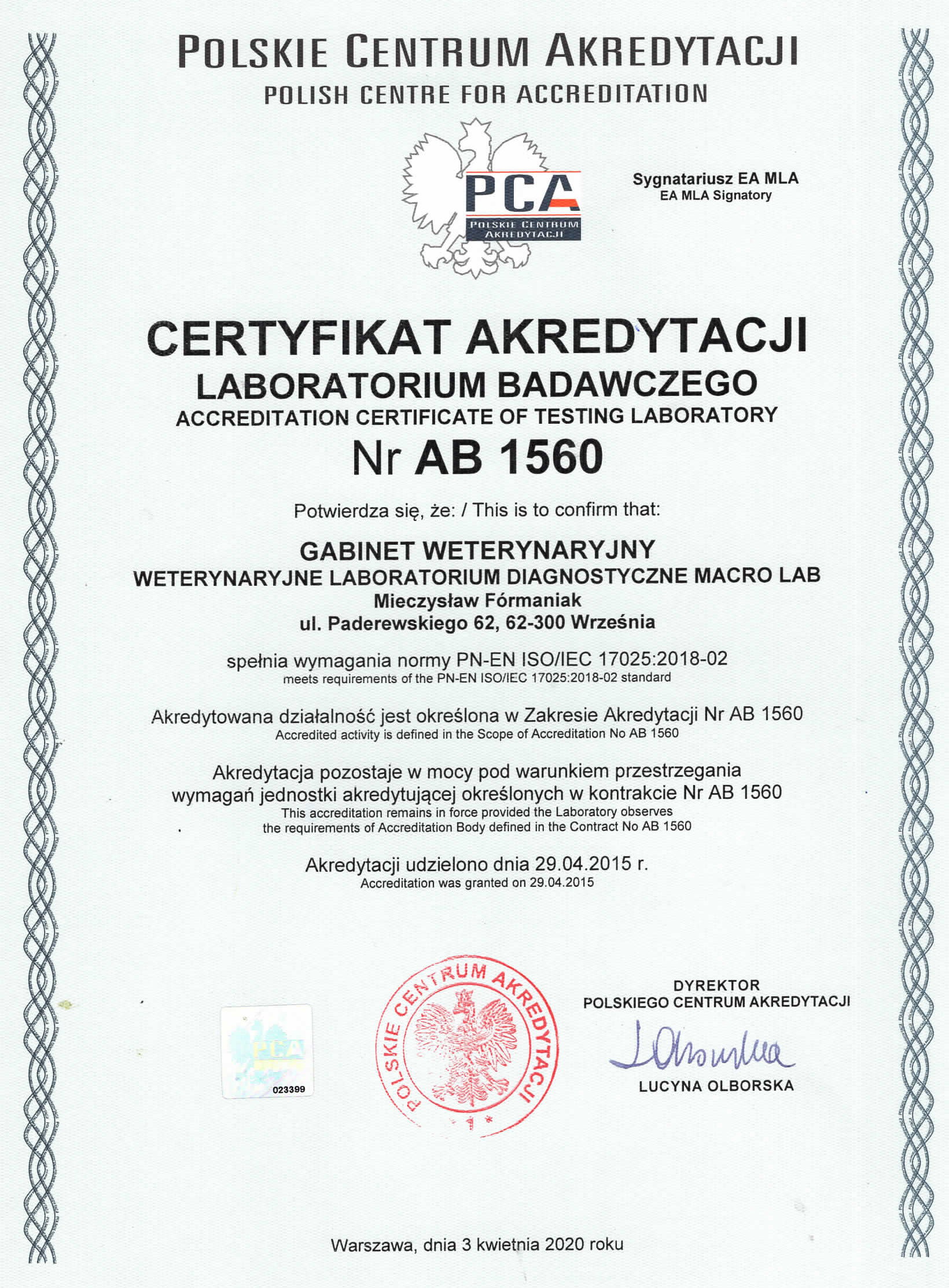 Certyfikat Polskiego Centrum Akredytacji